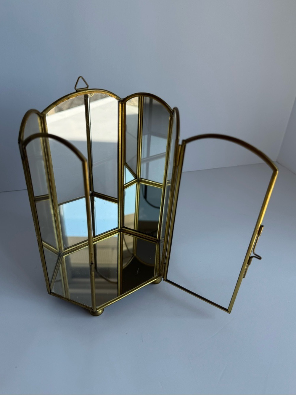 Vintage Brass & Glass Curio 7.25" Tall Display Cabinet Mini Greenhouse Decor